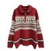 girl Christmas Red Turn-Down Collar Half-Zip Sweater For Women, Autumn Winter Lazy Style, Soft And Cozy, Zodiac Year Jacquard_ecoleips.com