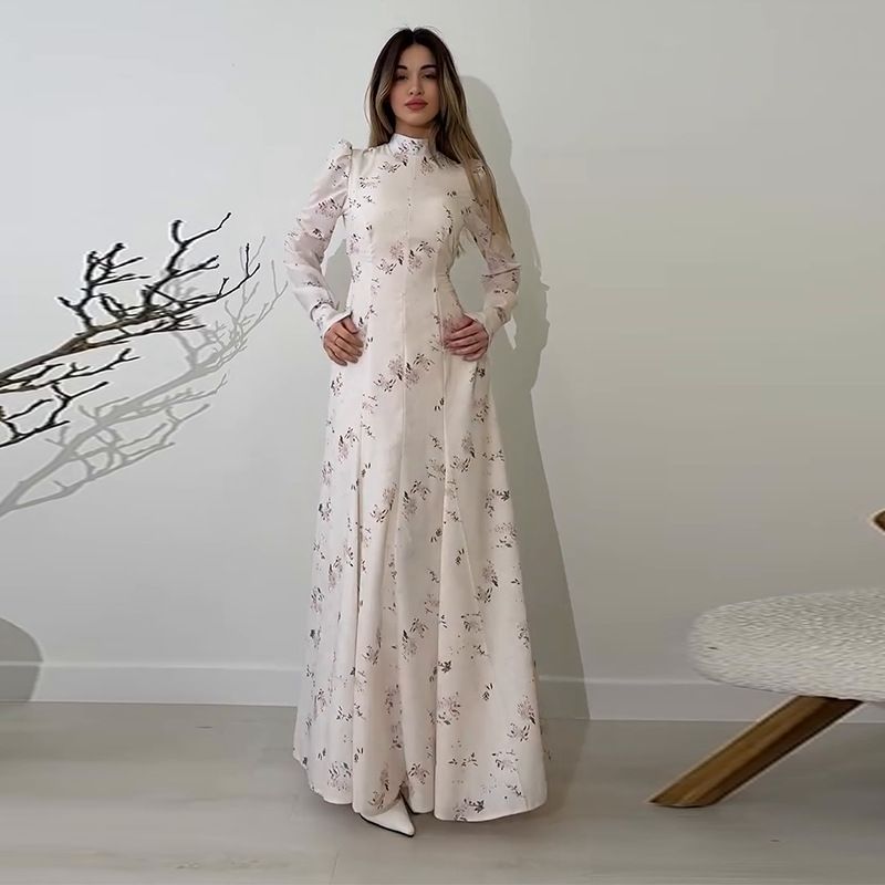 2025 New European And American Women's Clothing Long Sleeved Round Neck Slim Fit Thin Printed Long Skirt _ecoleips.com