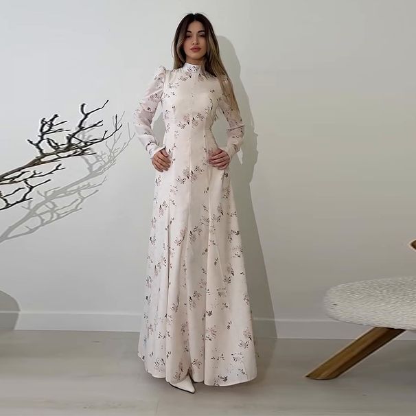 2025 New European And American Women's Clothing Long Sleeved Round Neck Slim Fit Thin Printed Long Skirt _ecoleips.com