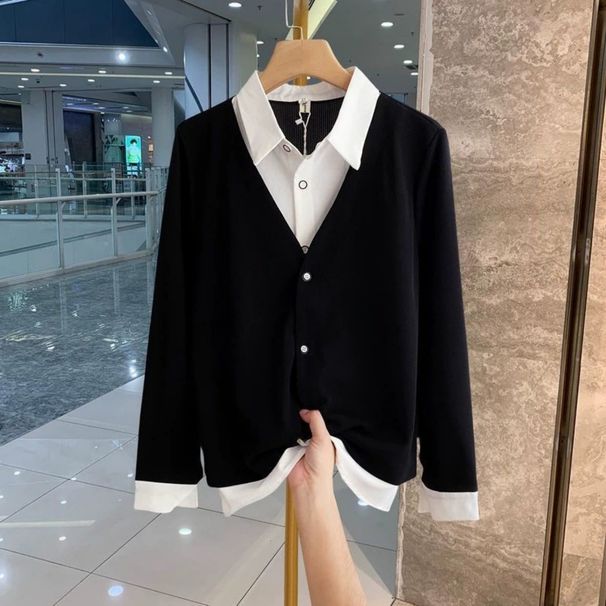 Korean Style Faux Patchwork Polo Shirt Long Sleeved Slimming Fat Concealing Top For Women Plus Size 300kg Autumn Winter Casual Elegant Fashion_ecoleips.com