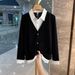 Korean Style Faux Patchwork Polo Shirt Long Sleeved Slimming Fat Concealing Top For Women Plus Size 300kg Autumn Winter Casual Elegant Fashion_ecoleips.com