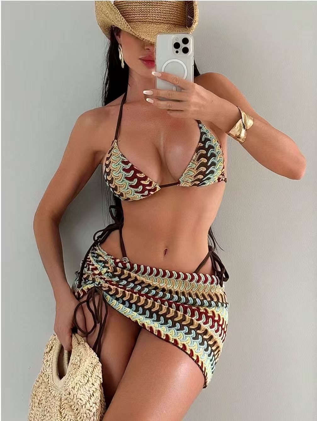 Women's Clothing Wave Pattern Knitted Three Piece Bikini Set Halter Neck Swimsuit For Women Beach Vacation Casual Style_ecoleips.com