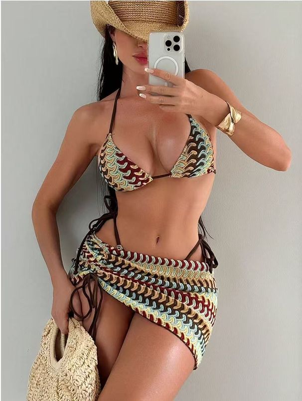 Women's Clothing Wave Pattern Knitted Three Piece Bikini Set Halter Neck Swimsuit For Women Beach Vacation Casual Style_ecoleips.com