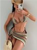 Women's Clothing Wave Pattern Knitted Three Piece Bikini Set Halter Neck Swimsuit For Women Beach Vacation Casual Style_ecoleips.com