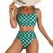 High-End Colorblock Bikini Set – Sexy Checkered Print Swimwear With Removable Padding & High Elasticity (S-XL, Quick-Dry Polyester)_ecoleips.com