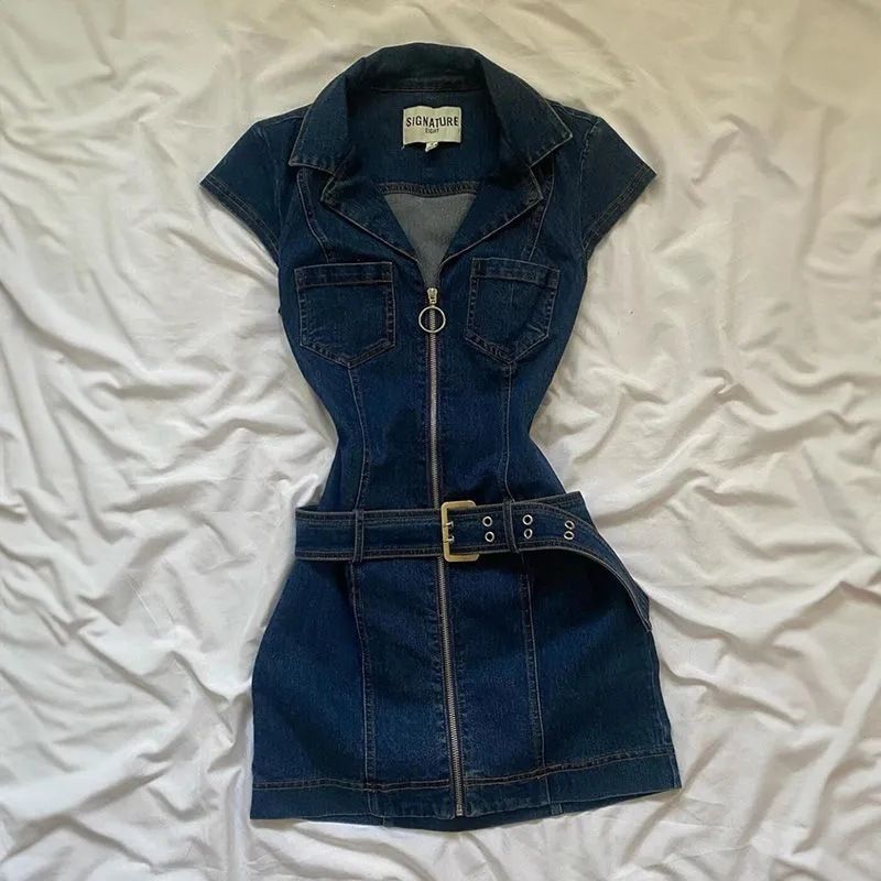 Spring And Summer New Spice Girl Retro Sleeveless Denim Dress Women's Niche Design Feeling Waist And Thin Slim Denim Skirt_ecoleips.com