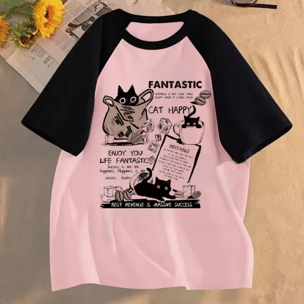 Summer New Cute Cartoon Cat Short-sleeved T-shirt For Women Casual Large Size Round Patchwork Top_ecoleips.com