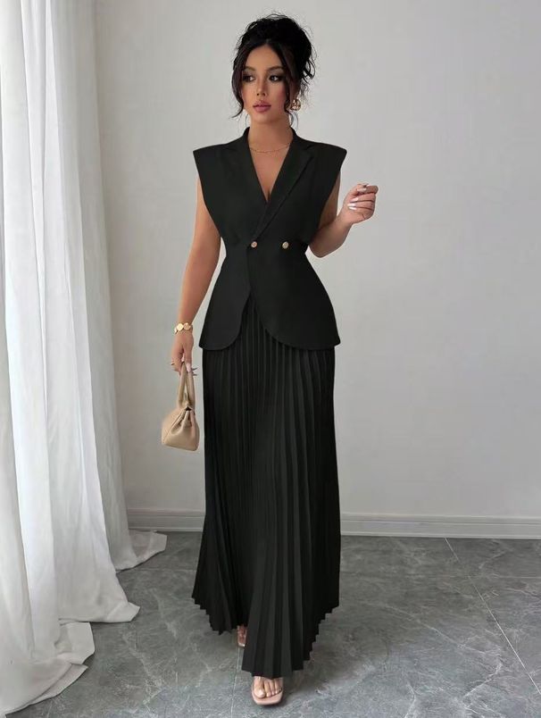 Women's Clothing Elegant Sleeveless V Neck Pleated Skirt Set American Style Fashionable Ladies Outfit_ecoleips.com