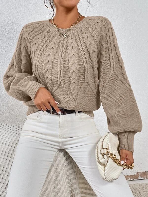Women's Clothing Vintage Cable Knit Sweater Women's Casual Boho Chic Pullover Top With Diamond Pattern_ecoleips.com