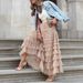 Women's Mesh Panel Tiered A-Line Maxi Skirt – Solid Color High Waist Flowy Layered Tulle Skirt For Spring Summer 2026_ecoleips.com