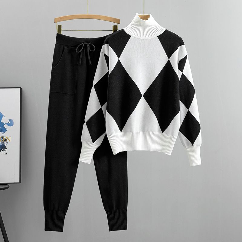 K Lazy Style High Neck Knitted Small Leg Pants Set, Age Reducing And Stylish Two-piece Set For Women_ecoleips.com