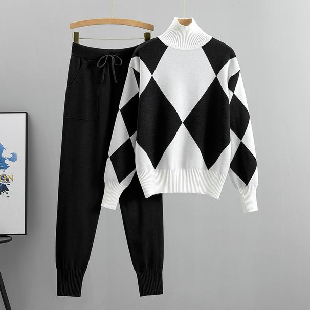 K Lazy Style High Neck Knitted Small Leg Pants Set, Age Reducing And Stylish Two-piece Set For Women_ecoleips.com