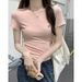 Bow Embroidered Short-sleeved T-shirt Summer New Slim-fitting Front Shoulder Sweet And Spicy Round Neck Bottoming Top_ecoleips.com