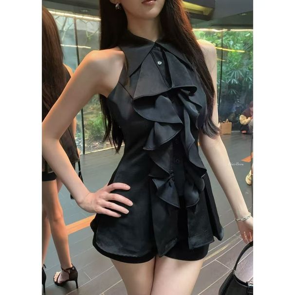 Official Image Price: Ruffled Sleeveless Shirt Top For Women, Summer French Style, Mid-Length, Slim-Fit, Waist-Cinching_ecoleips.com