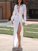 Freeacy Solid White Sexy Deep V-neck Shirt Dress 2025 Stylish Long Sleeves Split-side Long Evening Party Dresses For Women_ecoleips.com