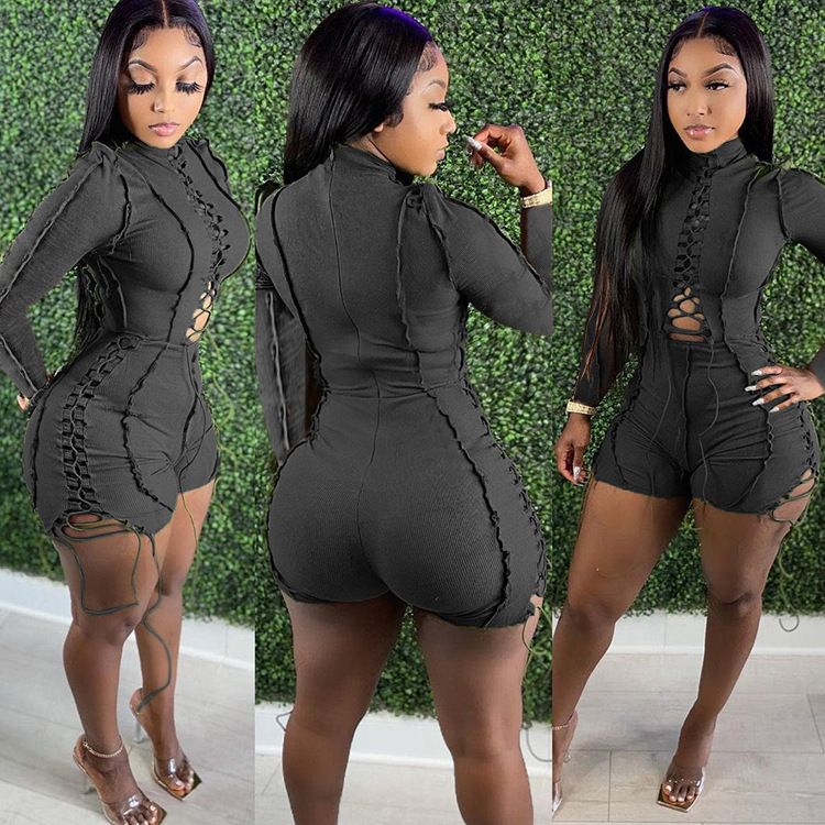Women's Clothing Sexy Patchwork Jumpsuit Solid Color Long Sleeved Tie-Up Casual Polyester Fashion Romper_ecoleips.com