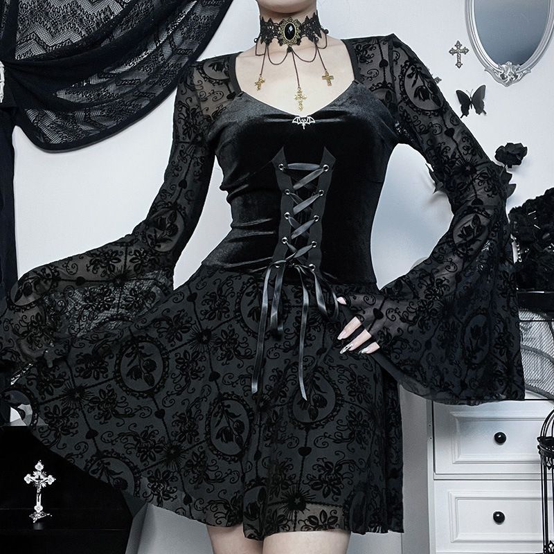WY23083 Women's Slim Fit Long Dress Elegant Dark Flocked Retro Style Fashionable New Summer Long Sleeve Dress_ecoleips.com