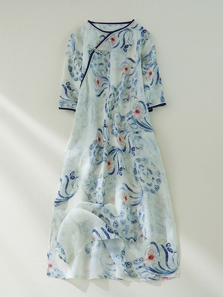 Summer Cotton Chinese Style Vintage Print Dresses For Women 2025 New Casual Loose Long Dress Femme Robe Vestidos Elegant Clothes_ecoleips.com