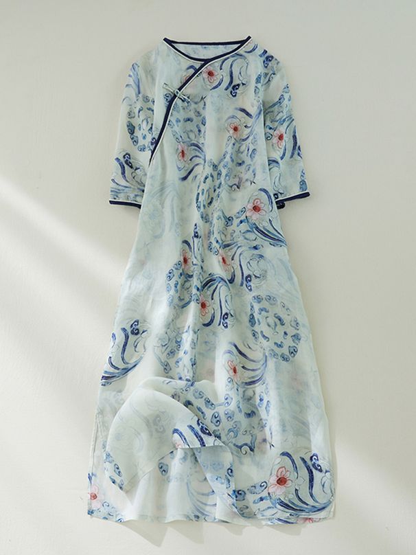 Summer Cotton Chinese Style Vintage Print Dresses For Women 2025 New Casual Loose Long Dress Femme Robe Vestidos Elegant Clothes_ecoleips.com