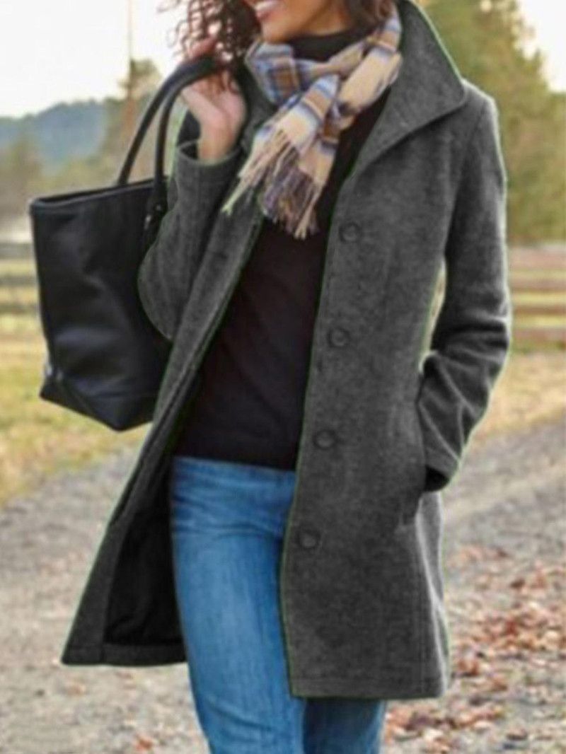 Women's Wool Blend Trench Coat – Mid-Length Autumn Winter Coat, Slim Fit With Stand Collar, Elegant & Warm_ecoleips.com