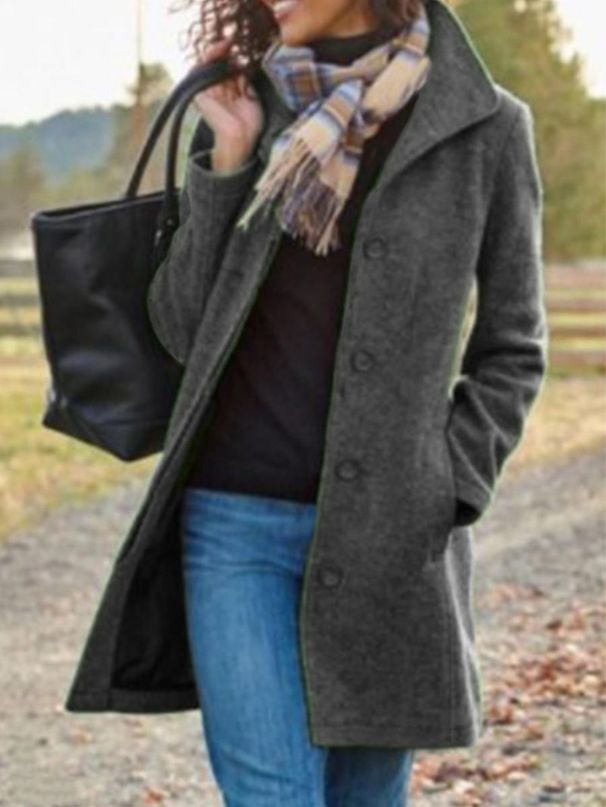 Women's Wool Blend Trench Coat – Mid-Length Autumn Winter Coat, Slim Fit With Stand Collar, Elegant & Warm_ecoleips.com