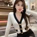 French-style Elegant V-neck Knit Jacket With Metallic Buttons Contrasting Colors, Versatile And Slimming, Short-length_ecoleips.com