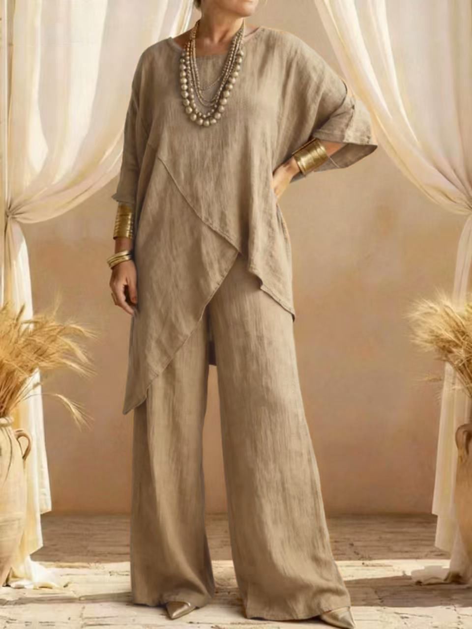 Women's Clothing Summer Women's Two-Piece Set Cotton Linen Round Neck Sleeve Casual Loose Fit Style For Formal & Casual For Women_ecoleips.com