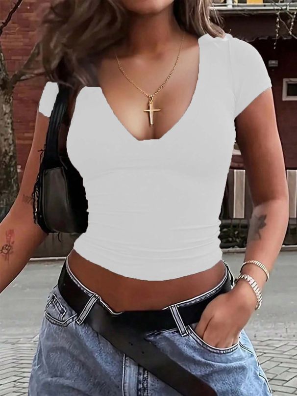 2025 New V-Neck Short Sleeve Top T-Shirt, Women's Slim Fit Girl Y2K Fashion Cross-Border Hot Item_ecoleips.com