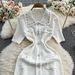Women's Clothing Spring Summer New French Chic Short Sleeve Dress Peter Pan Collar Slim Fit Beaded Women's Clothing_ecoleips.com