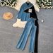Vintage Hong Kong Style Casual Outfit For Women: Korean Version Color-Block Denim Shirt + High-Waisted Loose Wide-Leg_ecoleips.com