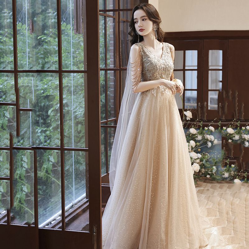 Women's Clothing Champagne Colored Evening Gown For Women Elegant Tassel Dress Style Spring Suitable For Art Exams Events And Banquets_ecoleips.com