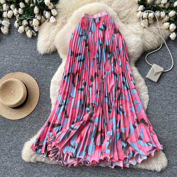 Women's High-Waisted Pleated Midi Skirt Summer Printed A-Line Suitable Work Vacation_ecoleips.com