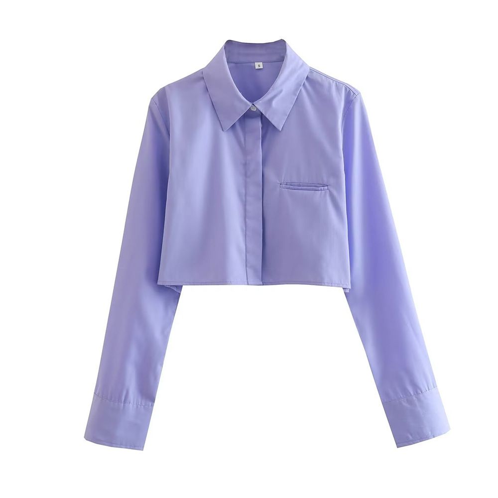 Verve YPFF Trendy Women's Fashion Turn-down Collar Long Sleeve Pocket Front Short Shirt Single-breasted Slim Fit Solid Color_ecoleips.com
