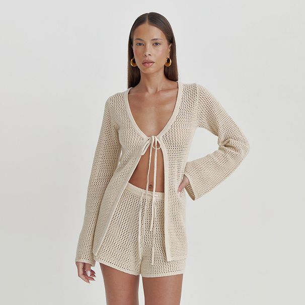 2025 New Solid Color Hollow Out Lace-Up Casual Loose Knitted Cardigan Women's Set Shorts_ecoleips.com