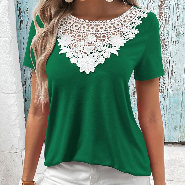 Aria Basics Aria Basics European And American Cross-border Women's Clothing, Hollow Lace Trim, Round Neck, Casual Loose Short-sleeve T-shirt Top_ecoleips.com