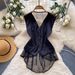 Mature Sophisticated Women's Vest Sheer Lace Detailing Back Fitted Waist Asymmetrical Design Outerwear_ecoleips.com