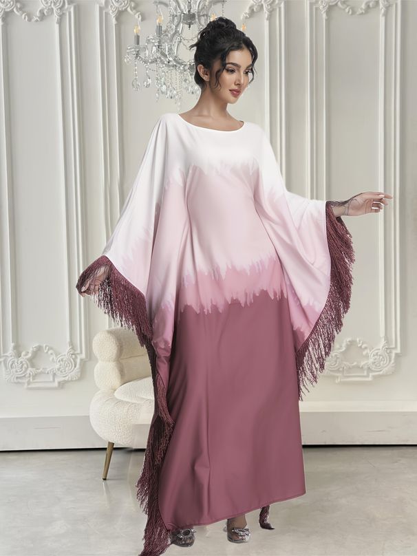 Modest Abaya Dress Elegant Middle Eastern Abaya Dress With Fringe & Gradient Design - Loose Fit Long Robe For Women, Batwing Sleeves, Flowy Maxi Dress_ecoleips.com