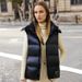 Black Gold Down Vest For Women - Hooded Sleeveless Puffer Jacket With Duck Feather Filling, Warm Winter Layering Piece For Casual & Office Wear_ecoleips.com