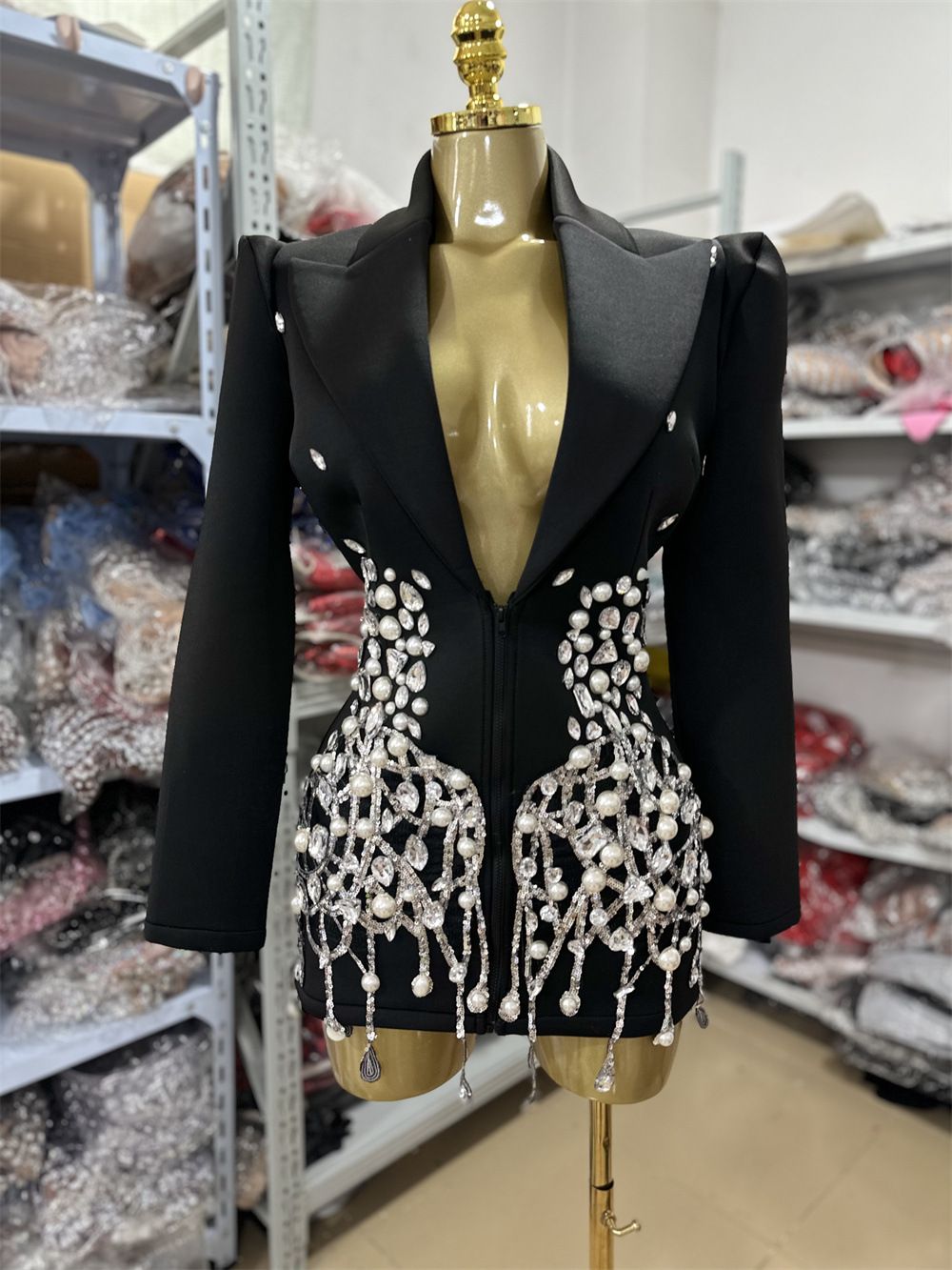 Women's Rhinestone Embellished Suit Dress European And American Socialite Style Sexy Heavy Duty Lapel New Summer Arrival 2025_ecoleips.com