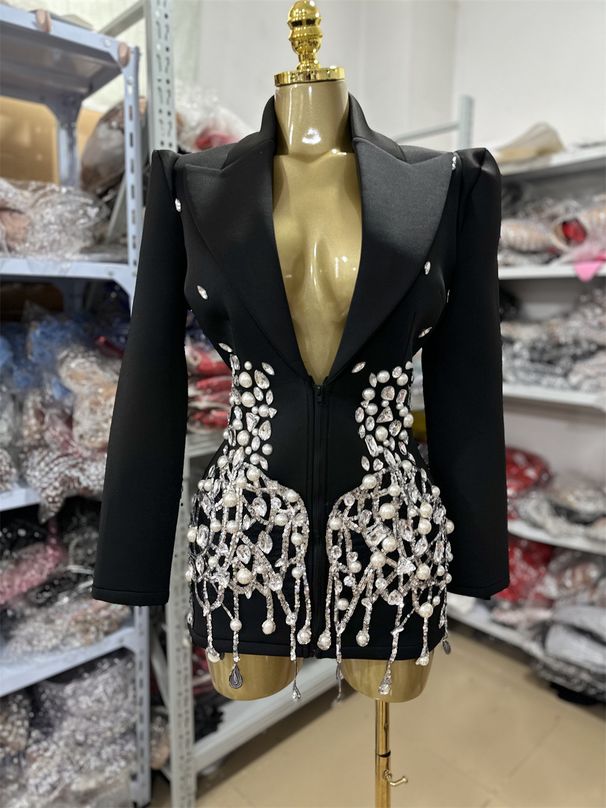 Women's Rhinestone Embellished Suit Dress European And American Socialite Style Sexy Heavy Duty Lapel New Summer Arrival 2025_ecoleips.com
