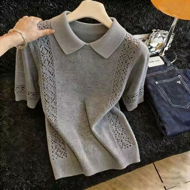 Women's Grey Openwork Knit Sweater Collared Short Sleeved Slim Fit Elegant Trendy Top For Summer New Style_ecoleips.com