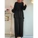 H730 Muslim Women's Solid Color Drawstring Tie Two-Piece Set Round Neck Top Wide-Leg Pants Elegant Ladies Suit_ecoleips.com