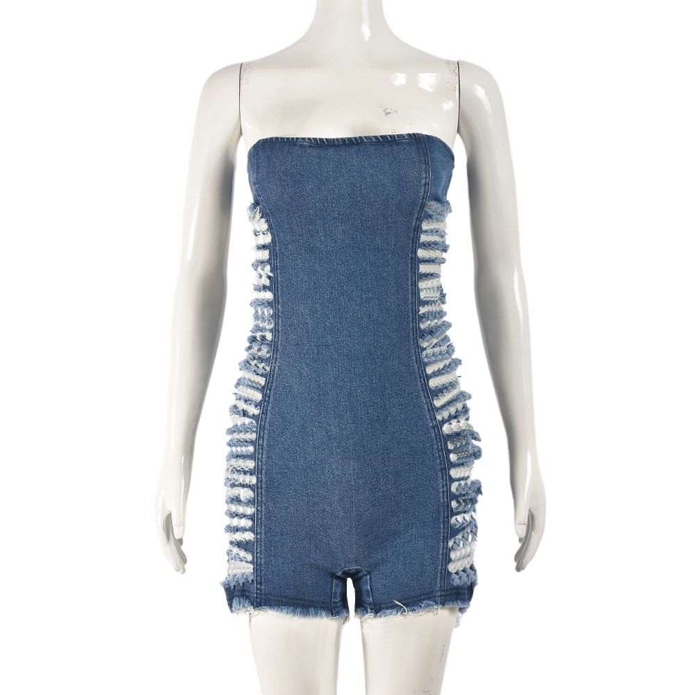 Women's Clothing Sexy Hollow Hole Zipper Wrapped Chest Stretch Denim Washed Jumpsuit_ecoleips.com