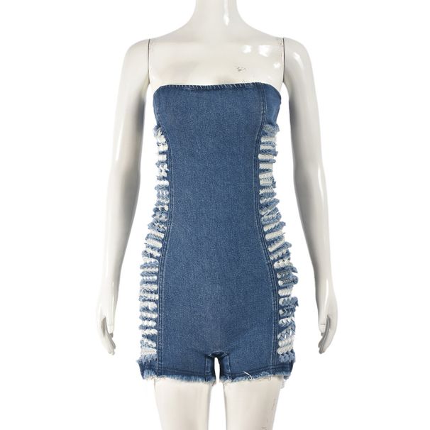 Women's Clothing Sexy Hollow Hole Zipper Wrapped Chest Stretch Denim Washed Jumpsuit_ecoleips.com