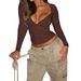 Women's Clothing Sexy Deep V Long Sleeve Vest T-Shirt American Style Autumn/Winter Clothing For T-Shirts_ecoleips.com