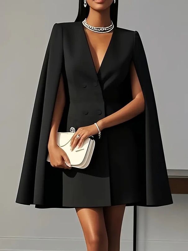 Women's Double Breasted V Neck Blazer Capelet Mini Dress – Elegant Fall Party Gown 2026_ecoleips.com