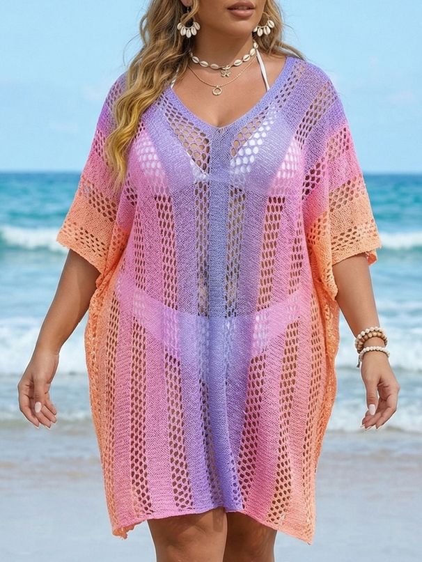Plus Size Women's Beach Vacation Cover Up Gradient Color Hollowed Out Machine Knitted Loose Casual Bikini Dress_ecoleips.com