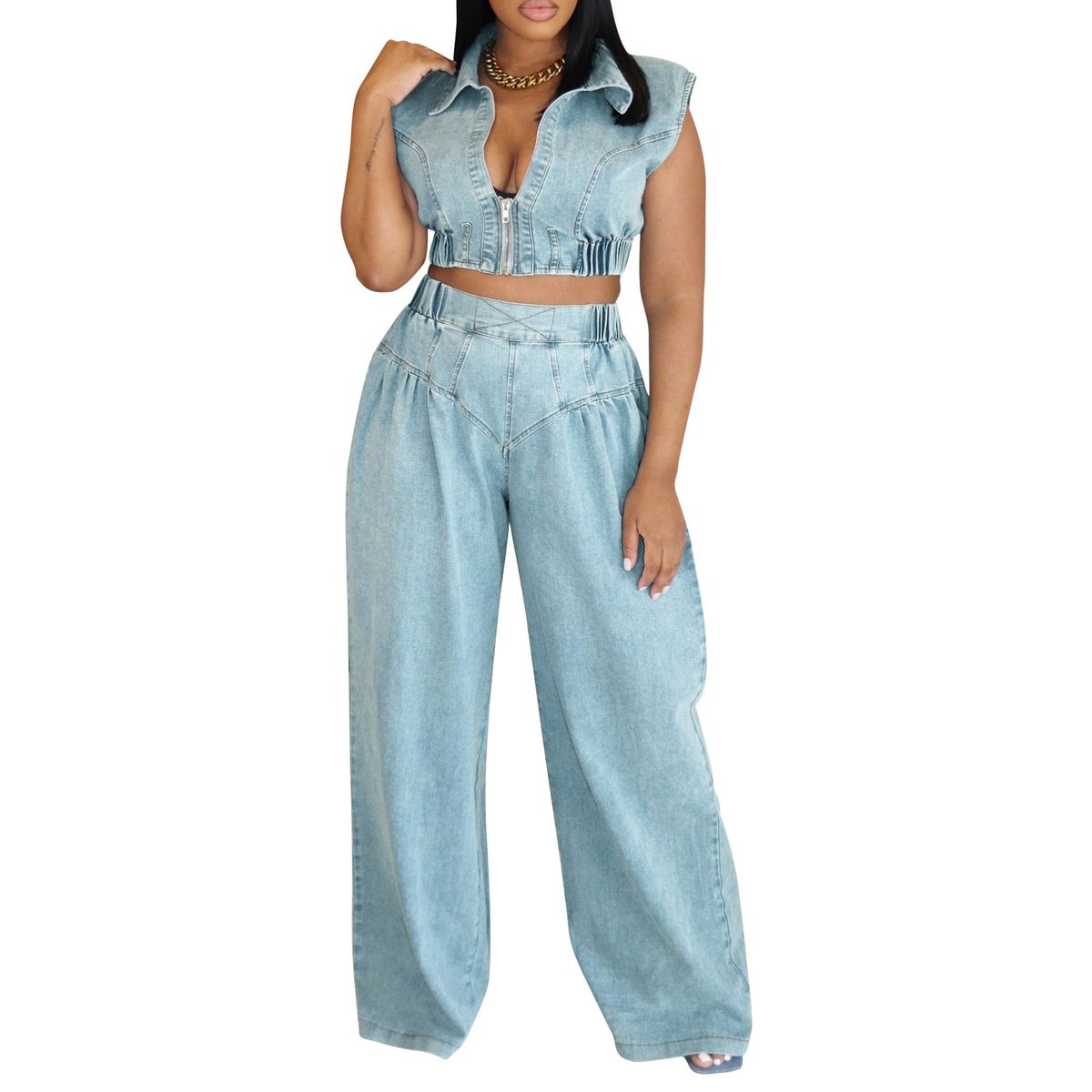 Women's Clothing Women's Jeans Suit Sexy Sleeveless Two Piece Loose Straight Summer_ecoleips.com
