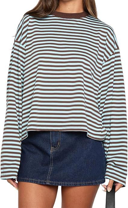 Women's Casual Loose Fitting Long Sleeve T-Shirt Autumn/Winter Relaxed Color Block Striped Top_ecoleips.com