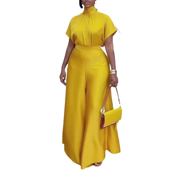 Women's Clothing Satin Silky Strap Flying Sleeve Wide Leg Two Piece Suit_ecoleips.com